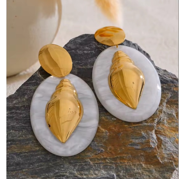 Sculptural Oval Drop Earrings – PVD Gold Plated Stainless Steel & Acrylic - Picture 1 of 15